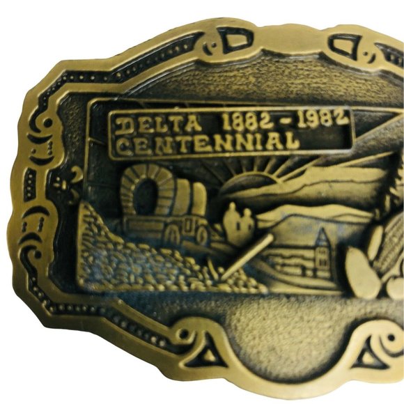 Hit Line Brass Belt Buckle Delta Centennial 1882 - 1982 Limited ED Covered Wagon - Picture 2 of 7